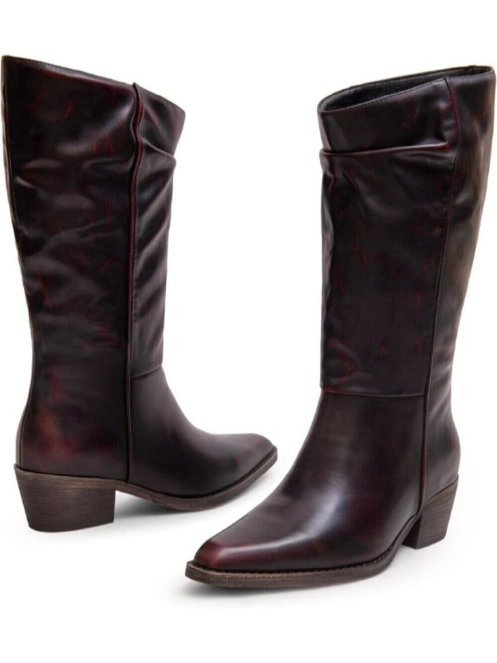Women's Burgundy Western Mid Calf Low Chunky Heel Pointed Toe Cowgirl Boots